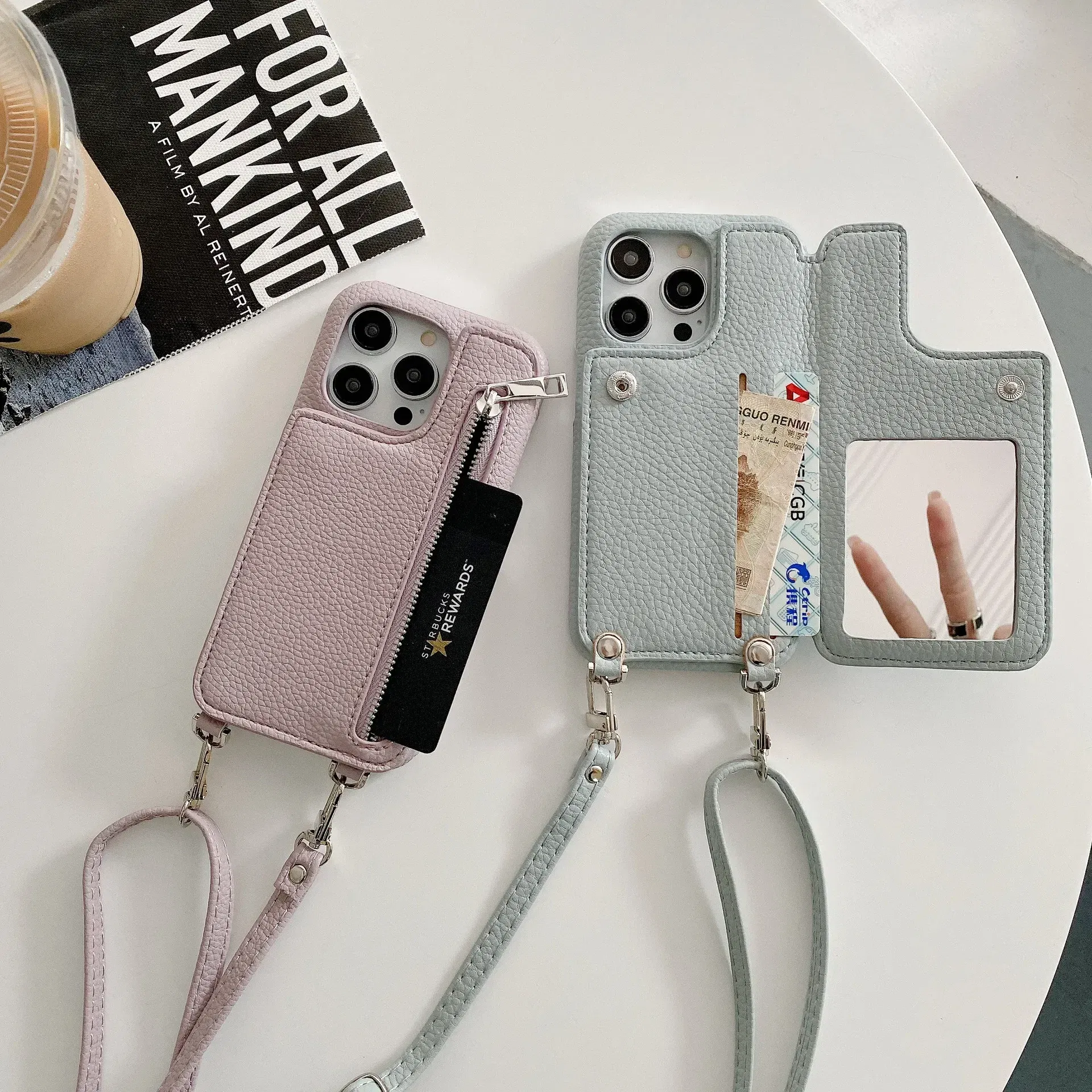 Material: Vinyl, Color: Blue - Zipper Wallet Makeup Mirror Crossbody Lanyard Case For iPhone 16 15 14 Pro Max 13 12 11 XR XS 7 8 Plus Card Slot Leather Cover