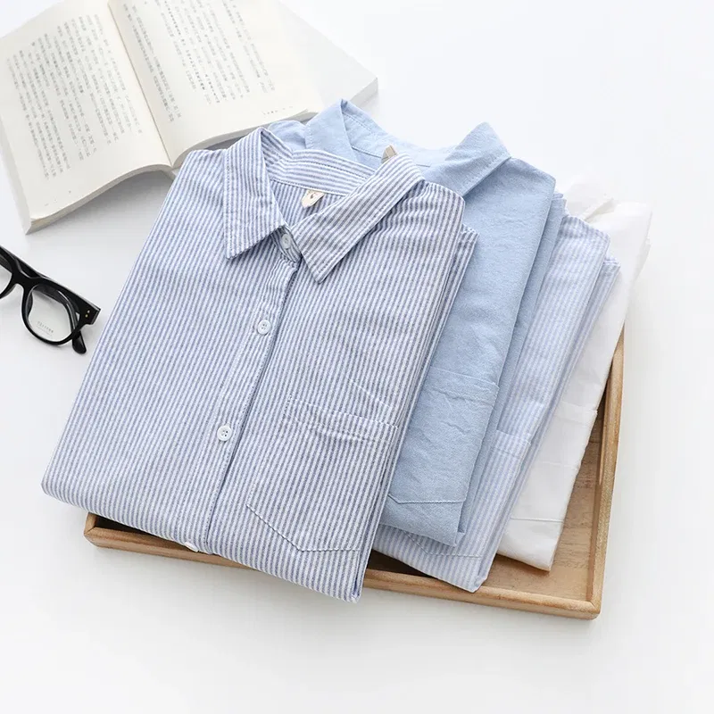 Color: Pink, Size: L - Women's Casual Cotton Oxford Shirt 2023 New Woman Striped Blouse and Tops Simple Solid Lady White Blue Shirts Clothes