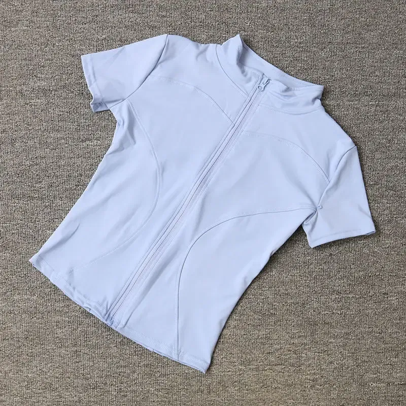 Color: Blue, Size: S - Summer High Quality Waist Slimming Training Tops Women's Quick-drying Tight Stand Collar Full Zipper Short Sleeves Yoga shirts