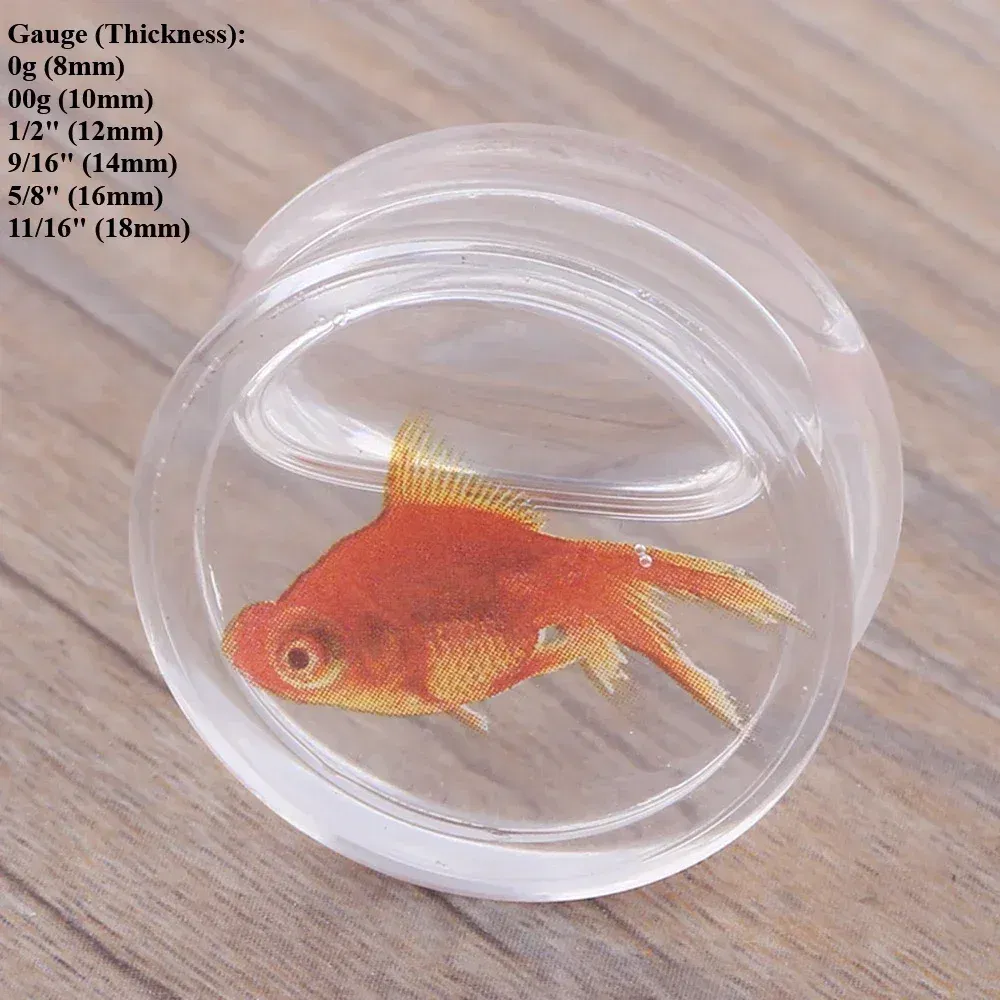 Metal color: Light Yellow Gold Color, Main Stone Color: Red - 2Pcs Acrylic Liquid Goldfish Ear Plug Double Flared Saddle Flesh Tunnel Gauge Stretcher 8mm-18mm
