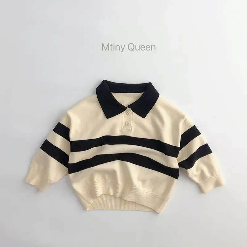 Color: Beige, Kid Size: 4 - 2025 Autumn New Children Long Sleeve Striped Sweater Cotton Boys Knitted Shirts Cute Baby Casual Knit Sweater Kids Clothes