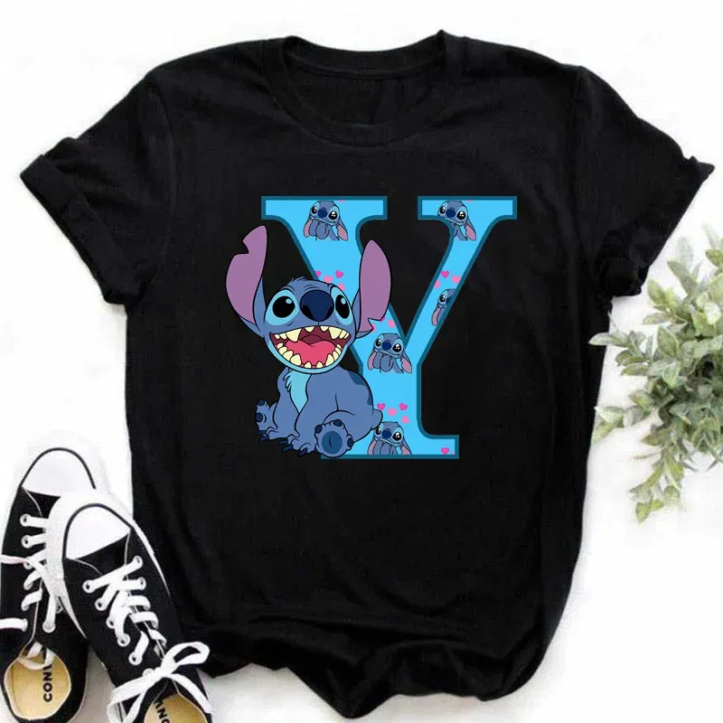 Color: Navy Blue, Size: XL - Disney Lilo&Stitch A-Z Alphabet Summer Women's Printed T-Shirt Women's Casual Tops T-Shirt Fashion Cartoon Plus Size T-Shirt