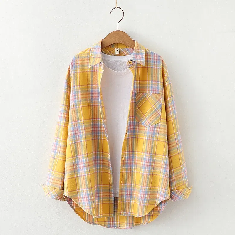 Color: Fuchsia, Size: M - Fresh Flannel Plaid Shirt Women 2025 New Female Blouses and Tops Cotton Loose Long Sleeve Casual Shirts Fine Women's Clothes