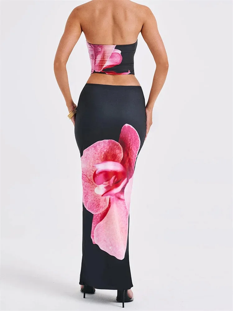 Color: black, Size: S - CHRONSTYLE Sexy Women 2 Pieces Outfits Floral Print Tube Tops and Elastic Waist Bodycon Long Skirts Sets Summer Streetwear 2024