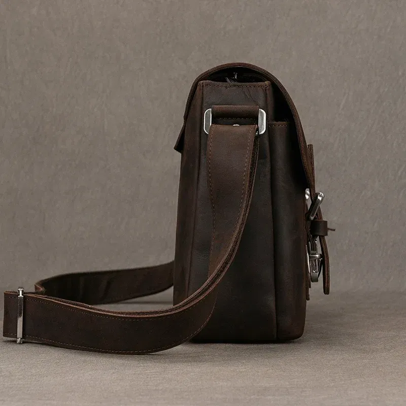 Color: Orange - Top Layer Cowhide Crazy Horse Leather 9.7 "iPad Leather Shoulder Bag Crossbody Handbag For Men Male Messenger Bag