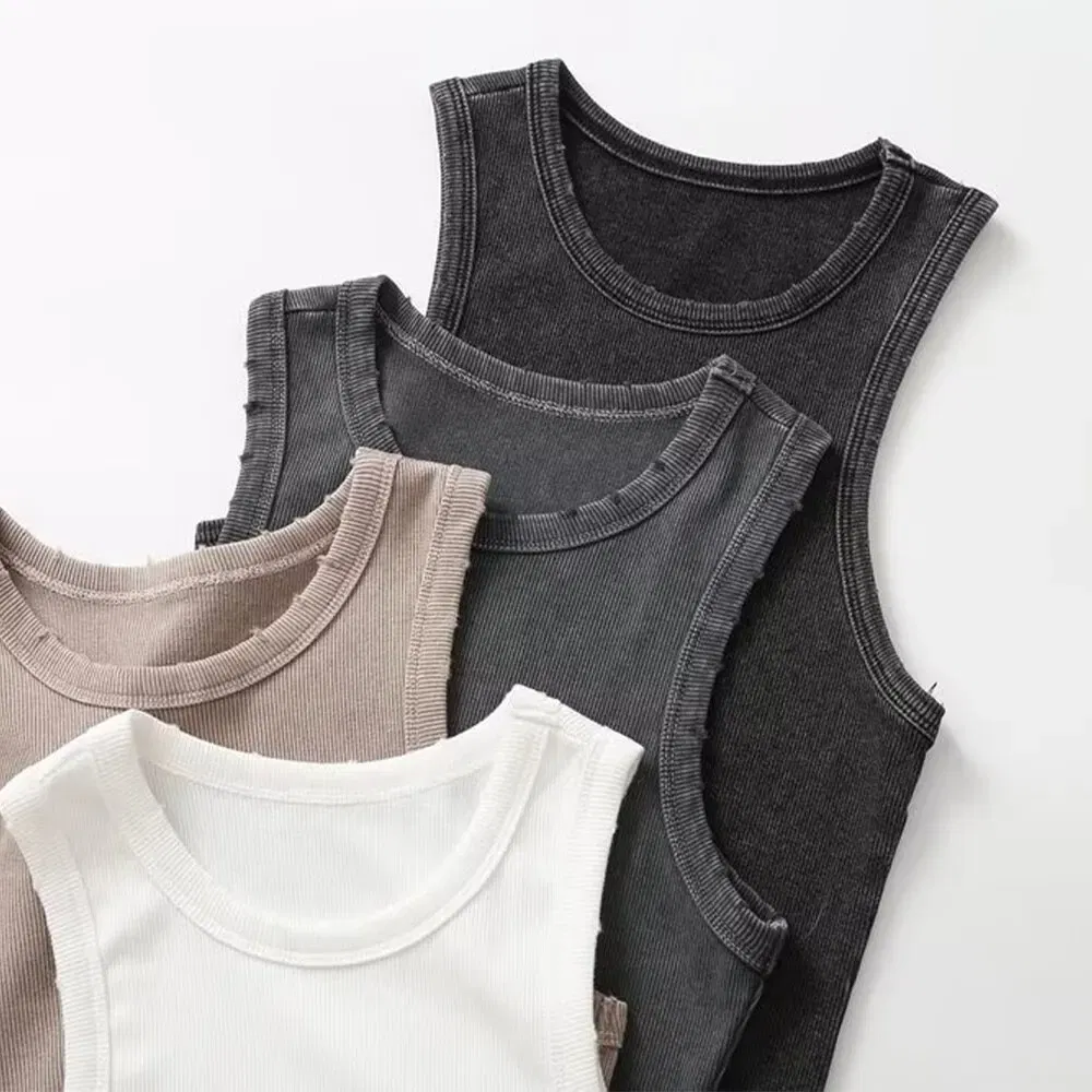 Size: L, Color: GRAY - BMURHMZA Fashion New Water Wash Rib Simple Retro Workwear Women's Tank Top