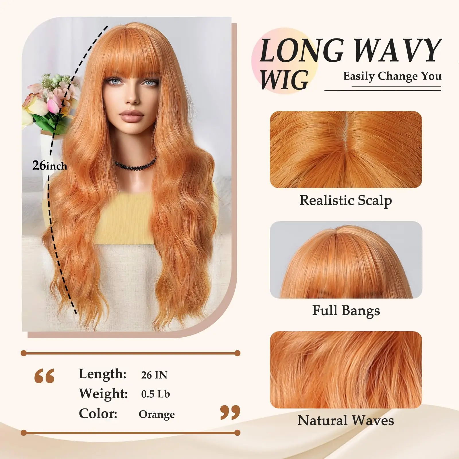 Color: T1B/PURPLE - Orange synthetic wig with big waves for party, Halloween cosplay, daily use wig, high-temperature hair accessory