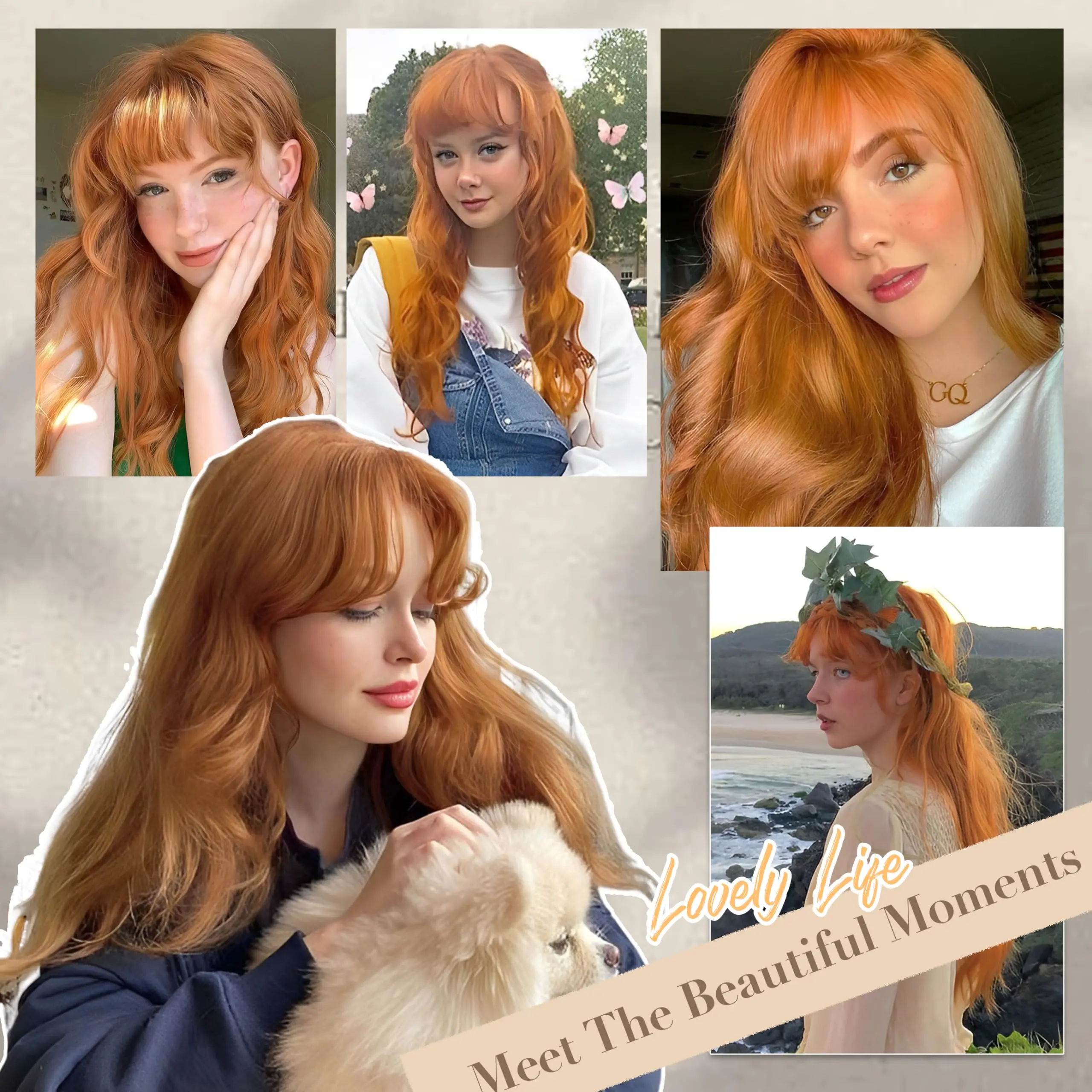 Color: T1B/PURPLE - Orange synthetic wig with big waves for party, Halloween cosplay, daily use wig, high-temperature hair accessory
