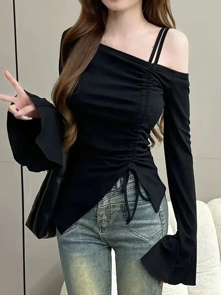 Color: black, Size: S - Sweet Sexy Drawstring Ribbon White Off Shoulder Top Women Basic Long Sleeve Body T-Shirt Elegant Flare Sleeve Lady Tees Pulovers