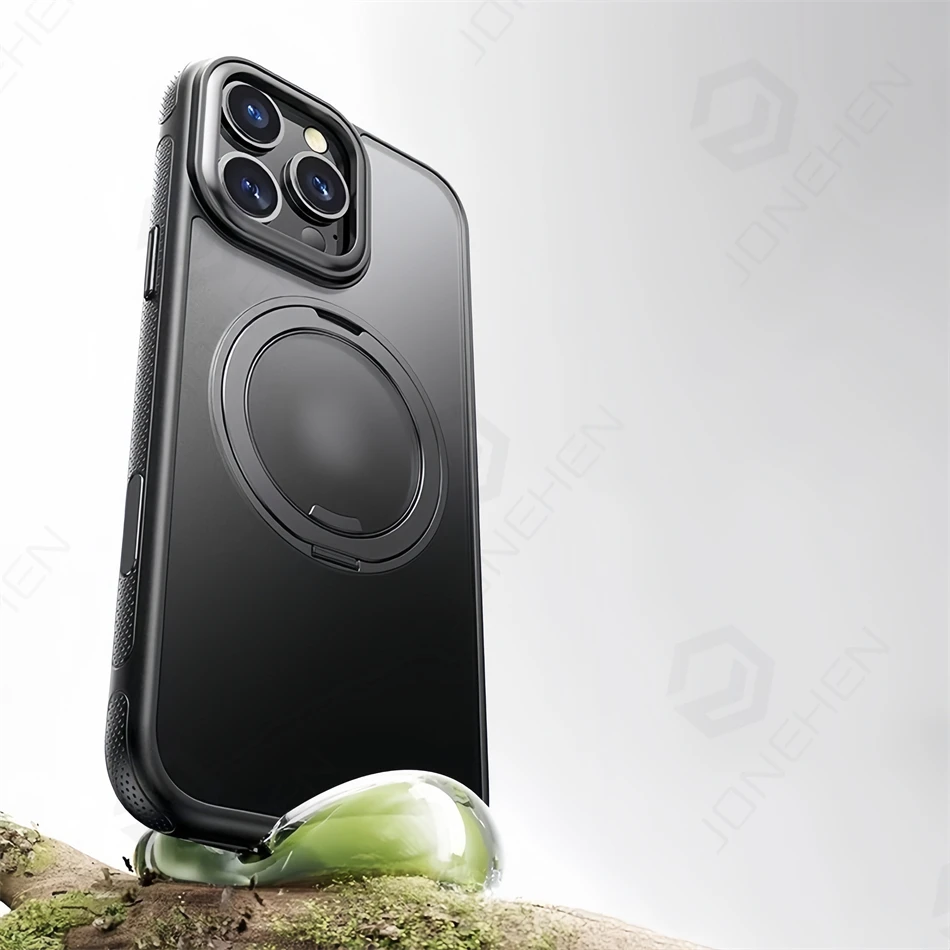 Color: Beige, Material: Carbon Fiber - 360?° Rotation Ring Stand Magnetic Case For iPhone 13 14 15 16 17 Pro Max 16E Matte Military Shockproof Armor Cover For Magsafe