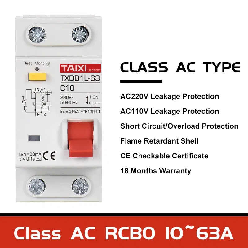 Rated Current: 40A, Ships From: CHINA, Poles Number: 4 - Type A  AC CLASS Rcbo 110V 220V RCCB 10A 20A 40A 50A 63A 30mA Residual Current Circuit Breaker Leakage WIth Overload Protection
