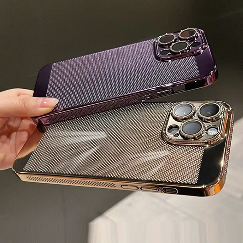 Color: Gold, Material: Silicon - Luxury Plating Hollowed Out Case for iPhone 12 13 Mini 11 14 Pro Max X XR Xs Max 7 8 Plus Heat Dissipation Shockproof Lens Cover