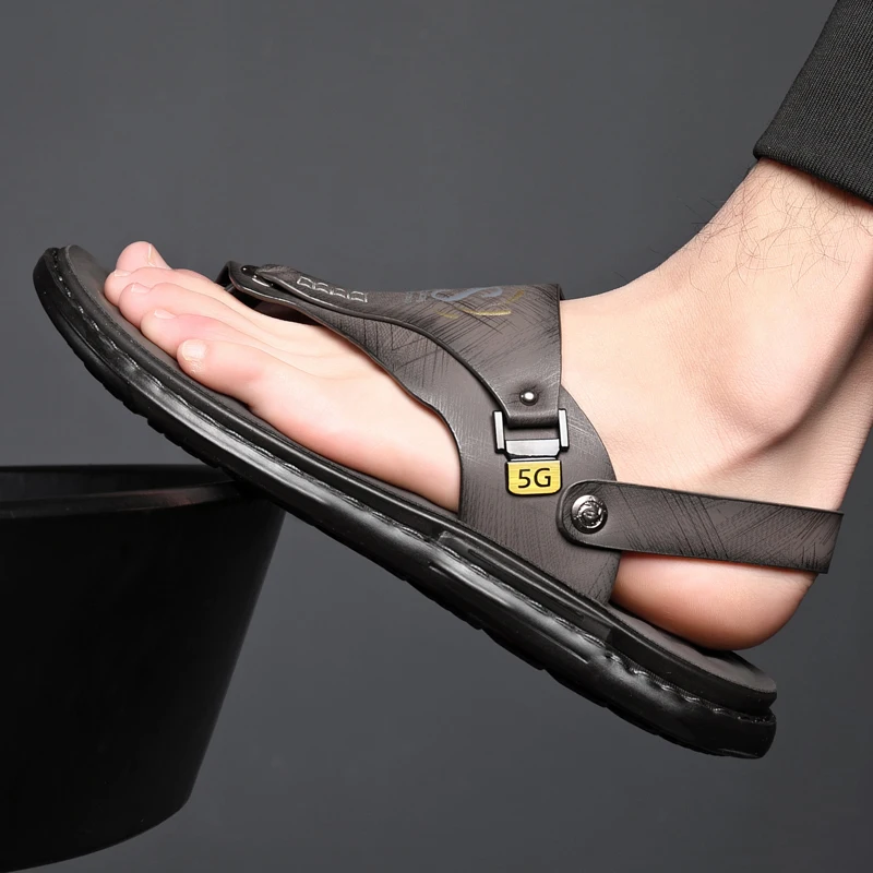 Color: Dark Khaki, Shoe Size: 42 - Outdoor Summer Men's Sandals Summer  Office  Shoes Non-Slip Mens Casual Sandalis Black