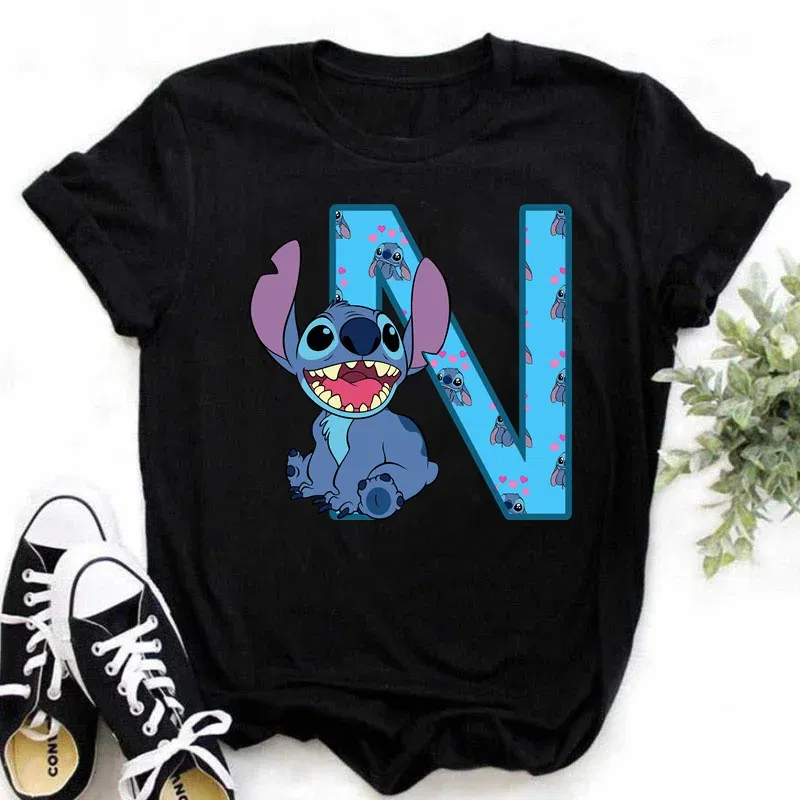 Color: Lavender, Size: XXL - Disney Lilo&Stitch A-Z Alphabet Summer Women's Printed T-Shirt Women's Casual Tops T-Shirt Fashion Cartoon Plus Size T-Shirt