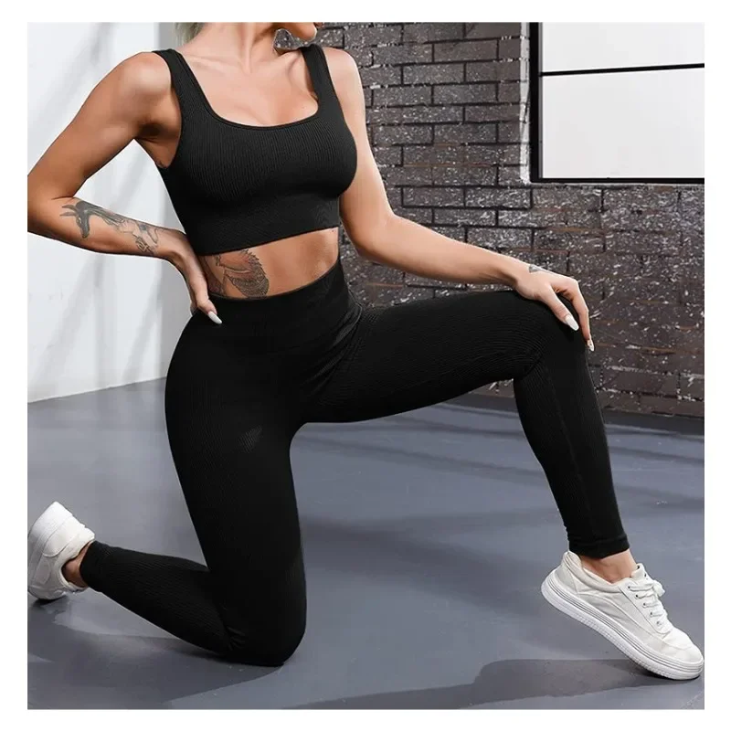Color: black, Size: L - Seamless Knit Yoga Leggings Women Thread Solid Tights Gym Workout Running Stretchy High Waist Hip Liftting Skinny Gym Leggings