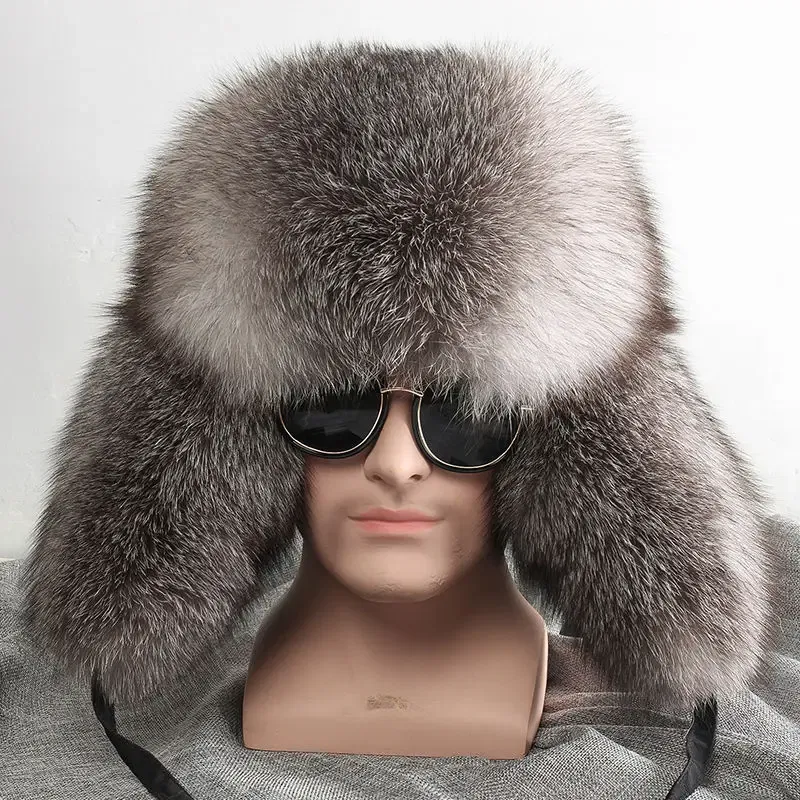 Color: Dark Grey, Hat Size: One Size - Real Fur 100% Fox Skin Russian Businessmen Pilot Bombers Full Mao Men's hat Ushanka Winter Ear Guard Hat Raccoon Fur Beanie hat