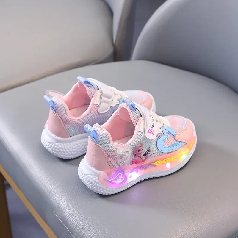 Color: Pink, Shoe Size: 9 - Disney Children Led Shoes Kids Girls Sneakers Frozen Elsa Princess Lighting Shoes Pink Purple Casual Sports Shoes Size 21-31
