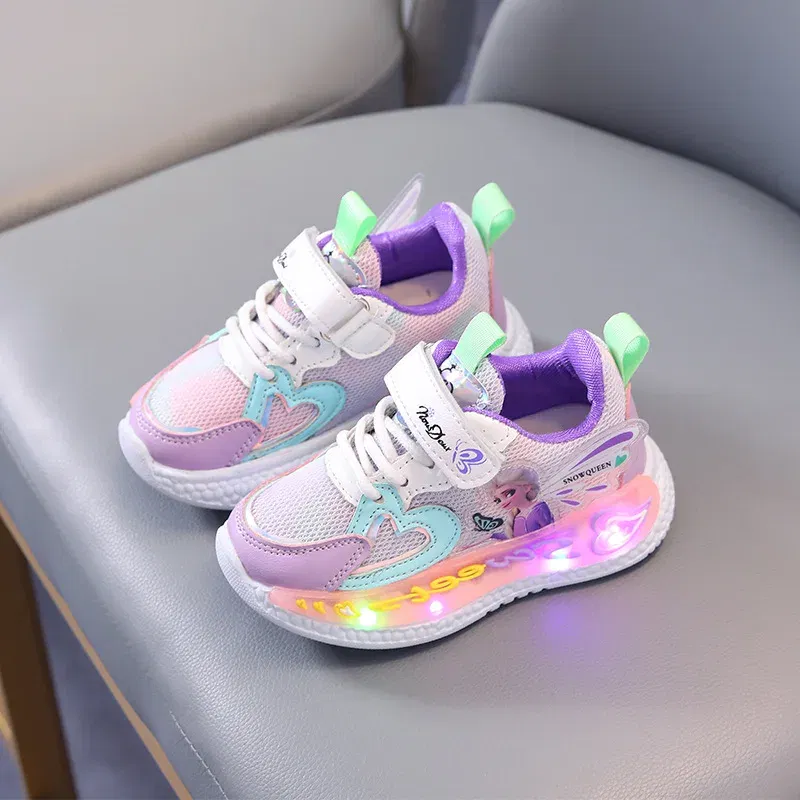 Color: Pink, Shoe Size: 9 - Disney Children Led Shoes Kids Girls Sneakers Frozen Elsa Princess Lighting Shoes Pink Purple Casual Sports Shoes Size 21-31