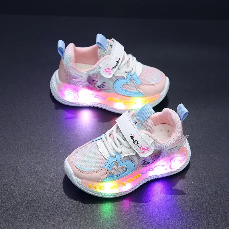 Color: Pink, Shoe Size: 9 - Disney Children Led Shoes Kids Girls Sneakers Frozen Elsa Princess Lighting Shoes Pink Purple Casual Sports Shoes Size 21-31