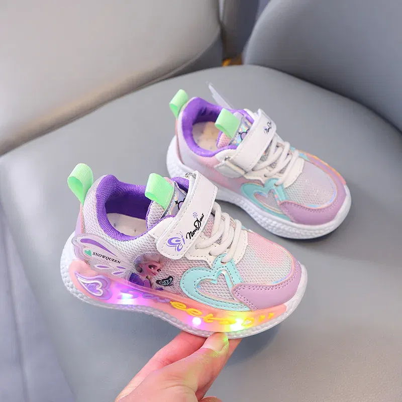 Color: Pink, Shoe Size: 9 - Disney Children Led Shoes Kids Girls Sneakers Frozen Elsa Princess Lighting Shoes Pink Purple Casual Sports Shoes Size 21-31