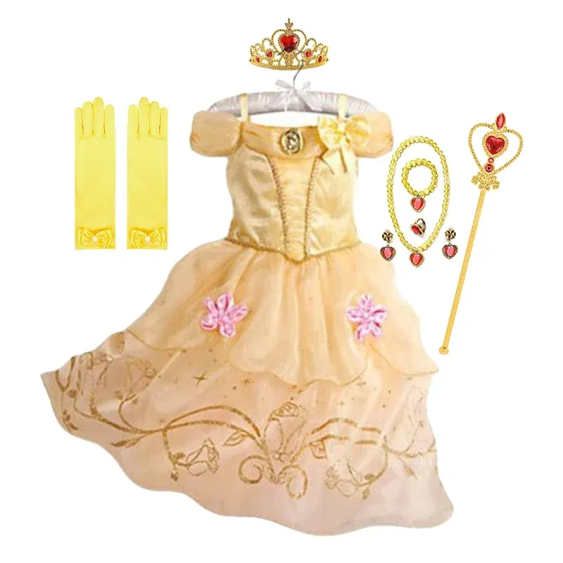 Kid Size: 4T, Color: Rose Red - Belle Princess Dress for Girls Cosplay Beauty and The Beast Snow White Costumes Kids Halloween Carnival Birthday Clothes