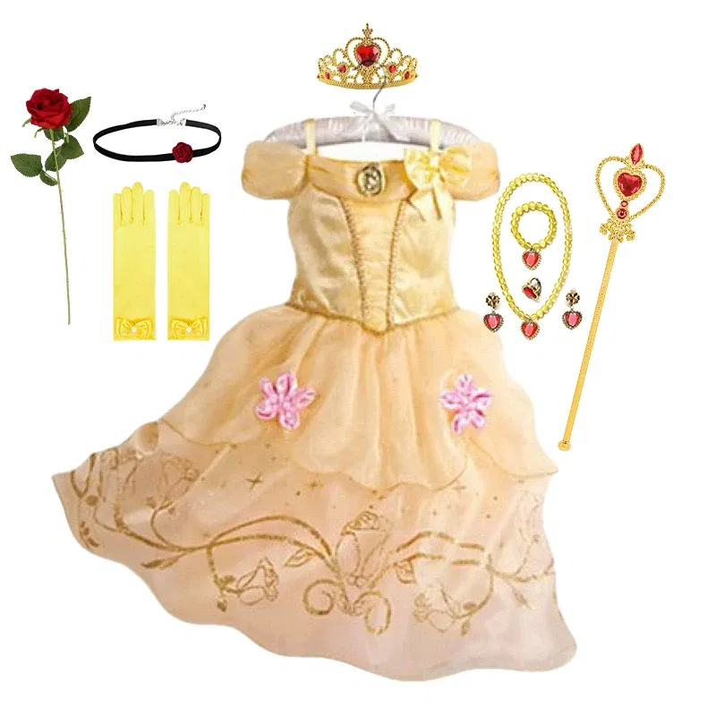 Kid Size: 4T, Color: Rose Red - Belle Princess Dress for Girls Cosplay Beauty and The Beast Snow White Costumes Kids Halloween Carnival Birthday Clothes