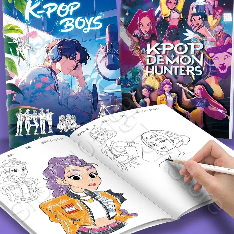 Color: WHITE - KPop Demon Hunter Coloring Books Anime Cartoon Line Drawing Children's Sketch Picture Book Kid's Birthday Gift / Christmas Gift