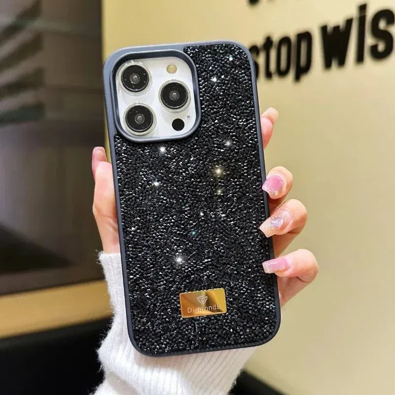 Material: Nylon, Color: black - Luxury INS Dazzling Full Covered Zircon Macaroon Color Phone Case for iPhone 16 15 14 11 12 13 Pro Max Plus Back Cover