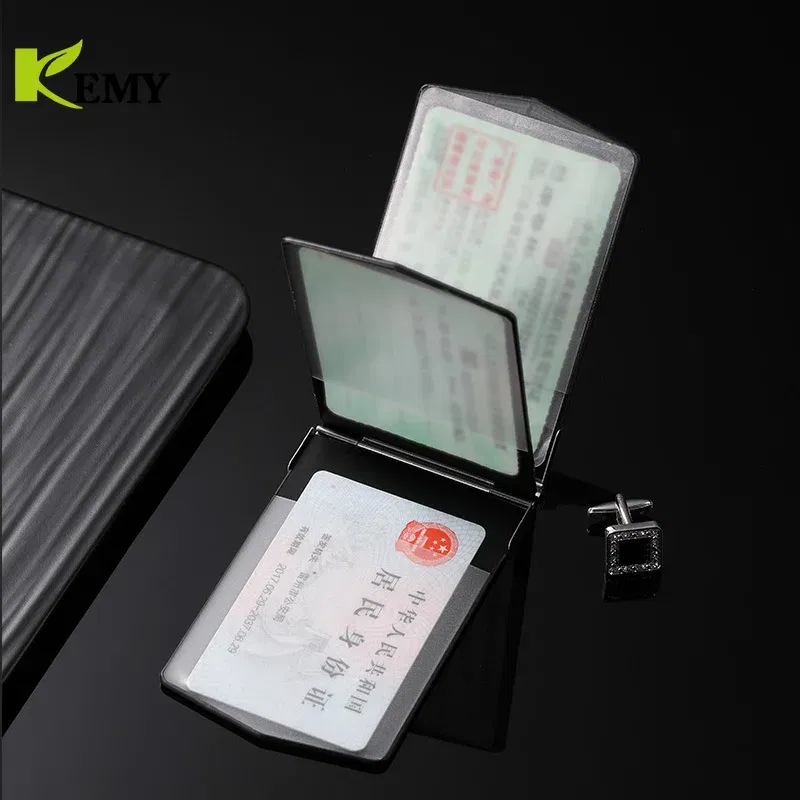 Color: Navy Blue - Fashion Aluminum Antimagnetic Card Holder Women Men Metal Cowhide Rfid Credit Card Business Card Holders Organizer Purse Wallet