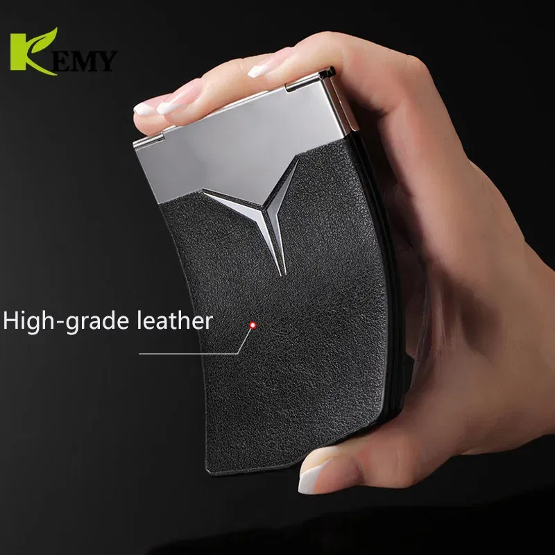 Color: Navy Blue - Fashion Aluminum Antimagnetic Card Holder Women Men Metal Cowhide Rfid Credit Card Business Card Holders Organizer Purse Wallet