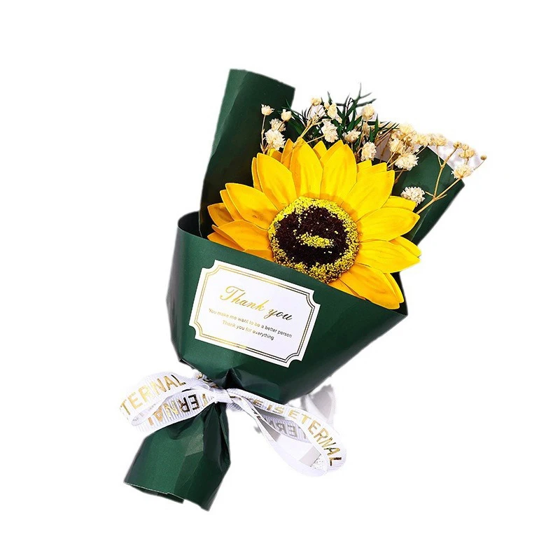 Color: Beige - Flower Bouquet Rose Sunflower Simulation Flower Creative Artificial Soap Flower Party Wedding Decoration Valentine's Day Gift