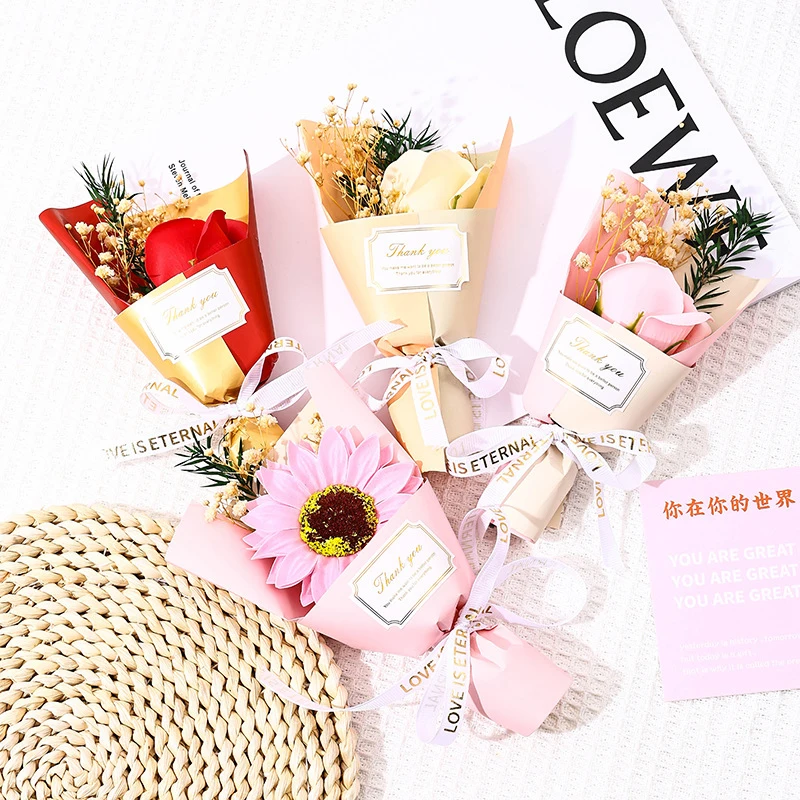 Color: Beige - Flower Bouquet Rose Sunflower Simulation Flower Creative Artificial Soap Flower Party Wedding Decoration Valentine's Day Gift