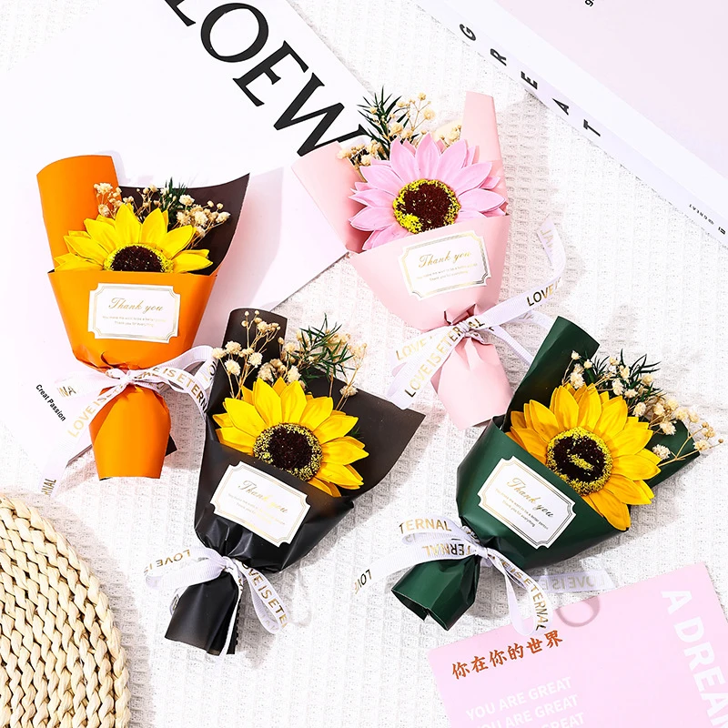 Color: Beige - Flower Bouquet Rose Sunflower Simulation Flower Creative Artificial Soap Flower Party Wedding Decoration Valentine's Day Gift