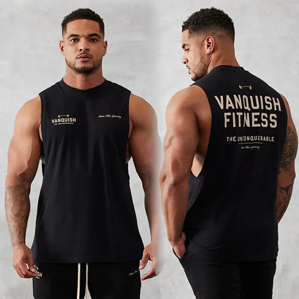 Color: black, Size: XXL - Gym exercise fitness sports men's vest cotton wide shoulder round neck sleeveless shirt slim casual men's wear