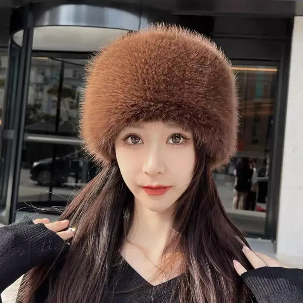 Color: GRAY - New Fluffy Fur Women's Winter Hat Winter Snow Ski Cap Female Faux Fur Thick Warm Windproof Hat Russian Hat Mink Fisherman's Hat