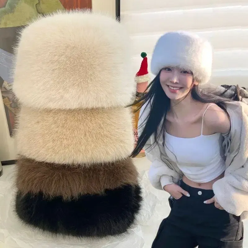 Color: GRAY - New Fluffy Fur Women's Winter Hat Winter Snow Ski Cap Female Faux Fur Thick Warm Windproof Hat Russian Hat Mink Fisherman's Hat