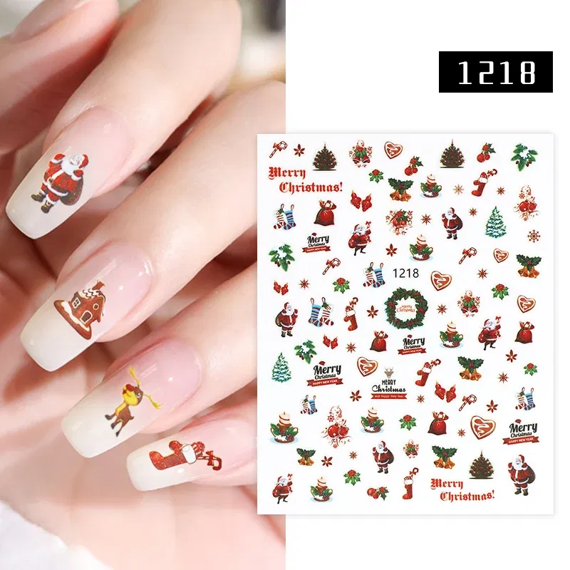 Color: Beige - 1Pc Christmas Stickers Santa Claus Snowflake Decals Catoon Image Muti- Pattern New Year Halloween Nail Art Stickers for Manicure