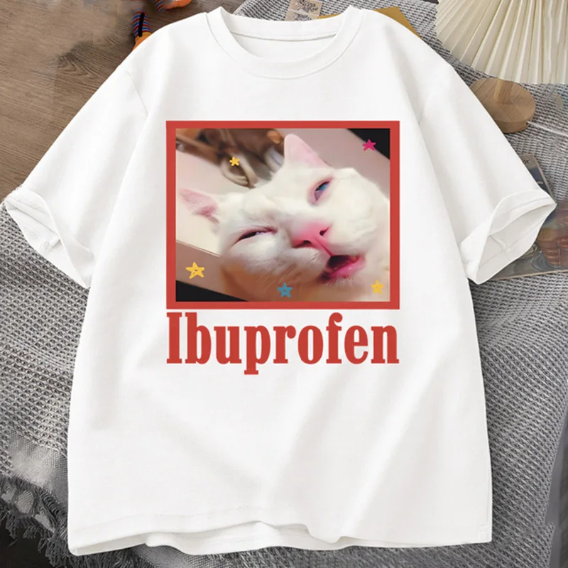 Color: SKY BLUE, Size: L - Ibuprofen Cat Meme Tshirt Funny Cat Graphic Tee Cute Cat Lover Cotton T-Shirt Casual Funny T Shirts Unisex Oversized Tshirt Tee