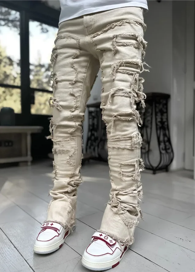Color: green, Size: S - Men's Regular Fit Stacked Jeans Ripped Slim Fit Patch Distressed Destroyed Straight Denim Pants Hip Hop Streetwear Trouser Cloth
