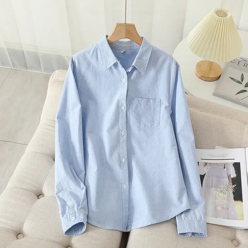Color: SKY BLUE, Size: M - Women's Casual Cotton Oxford Shirt 2023 New Woman Striped Blouse and Tops Simple Solid Lady White Blue Shirts Clothes