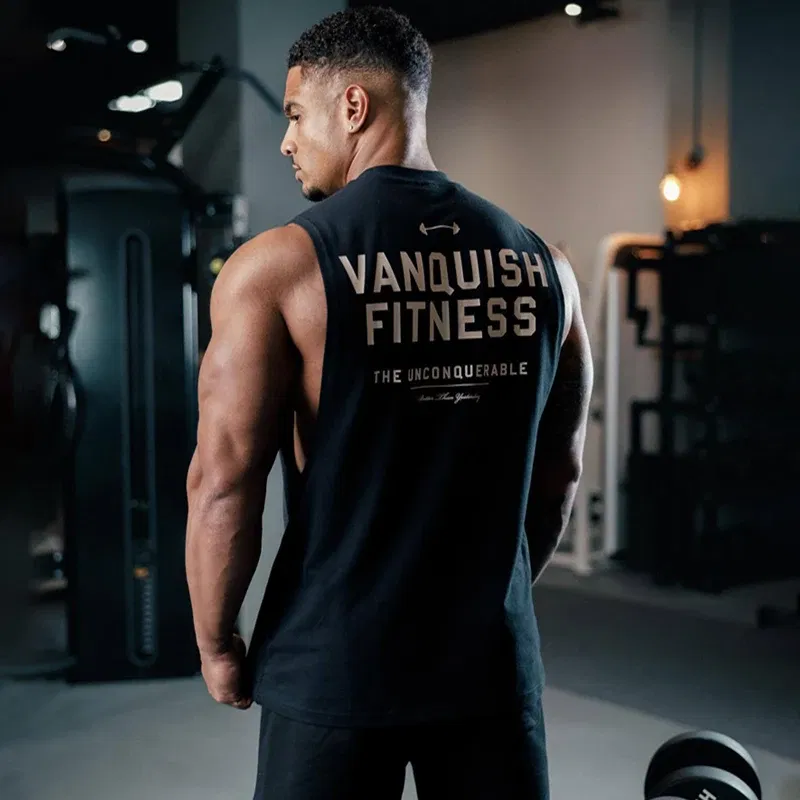 Color: GRAY, Size: M - Gym exercise fitness sports men's vest cotton wide shoulder round neck sleeveless shirt slim casual men's wear