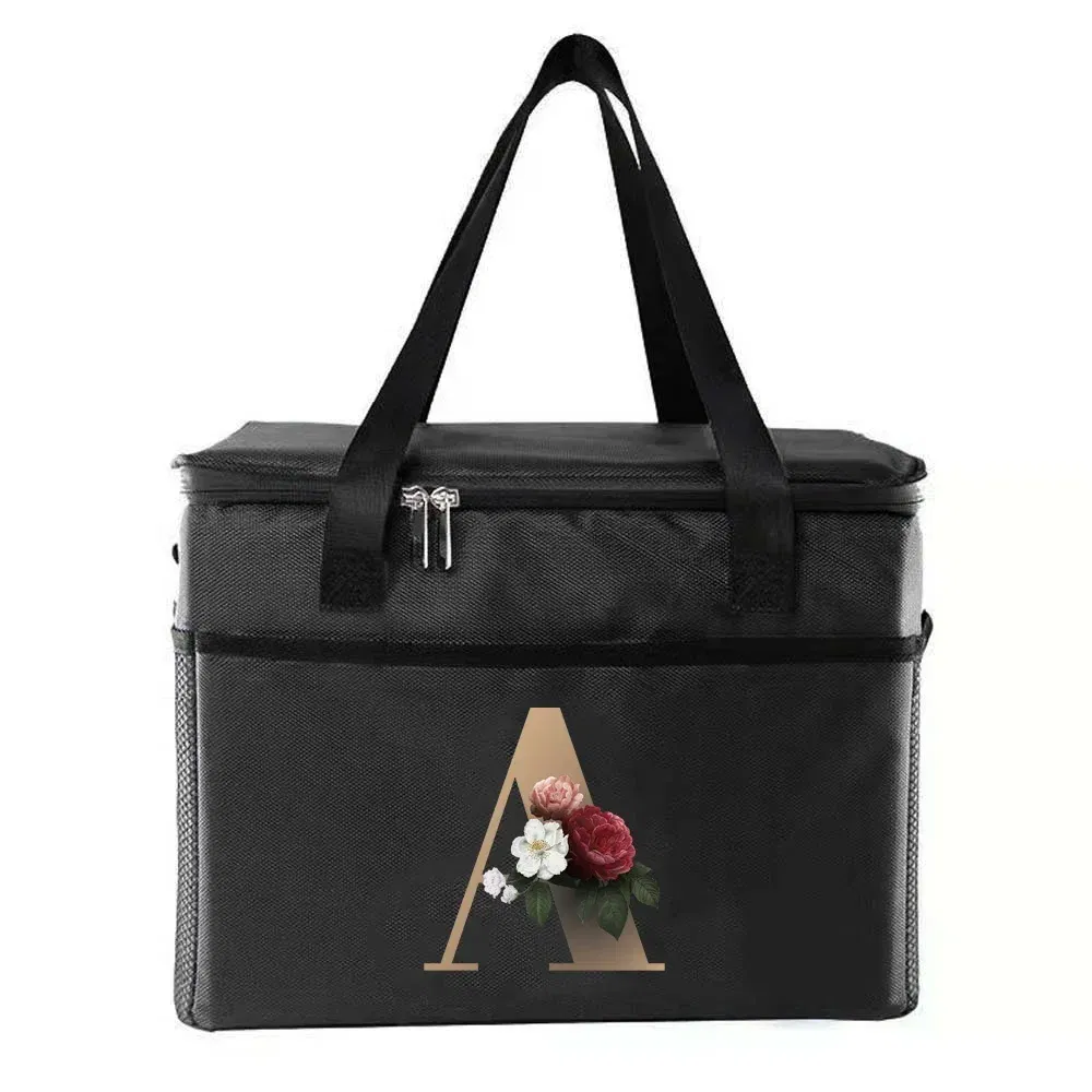 Color: WHITE - Thermal Bag Portable Lunch Bags Insulated Cooler Bag Food Bento Bags Printing Gold Letter Series Travel Picnic Storage Ice Bags