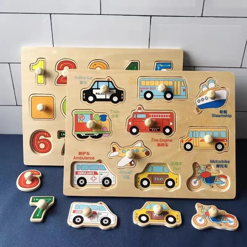 Color: Dark Khaki - Baby Wooden Puzzles Montessori Toys 1 2 Years Toddler Toys Hand Grab Board Alphabet Number Cognition Learning Educational Toys