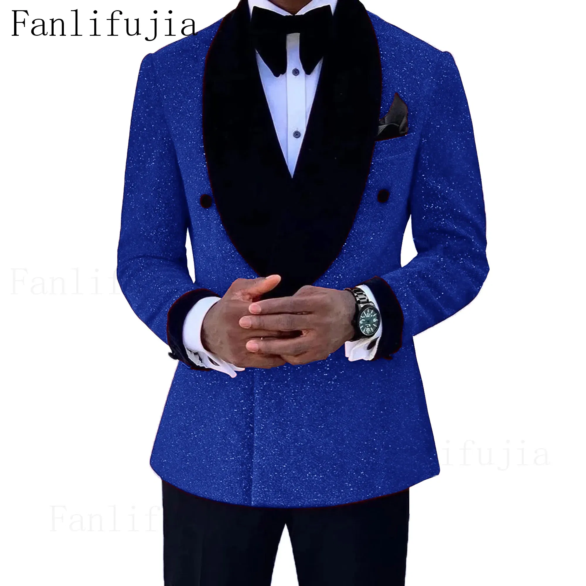 Color: ROYAL BLUE, Size: XL - Fanlifujia Luxury Red Glitter Suits Men Groom Wedding Tuxedo Double Breasted Blazer Formal Evening Party Prom Dress 2 Pieces Set