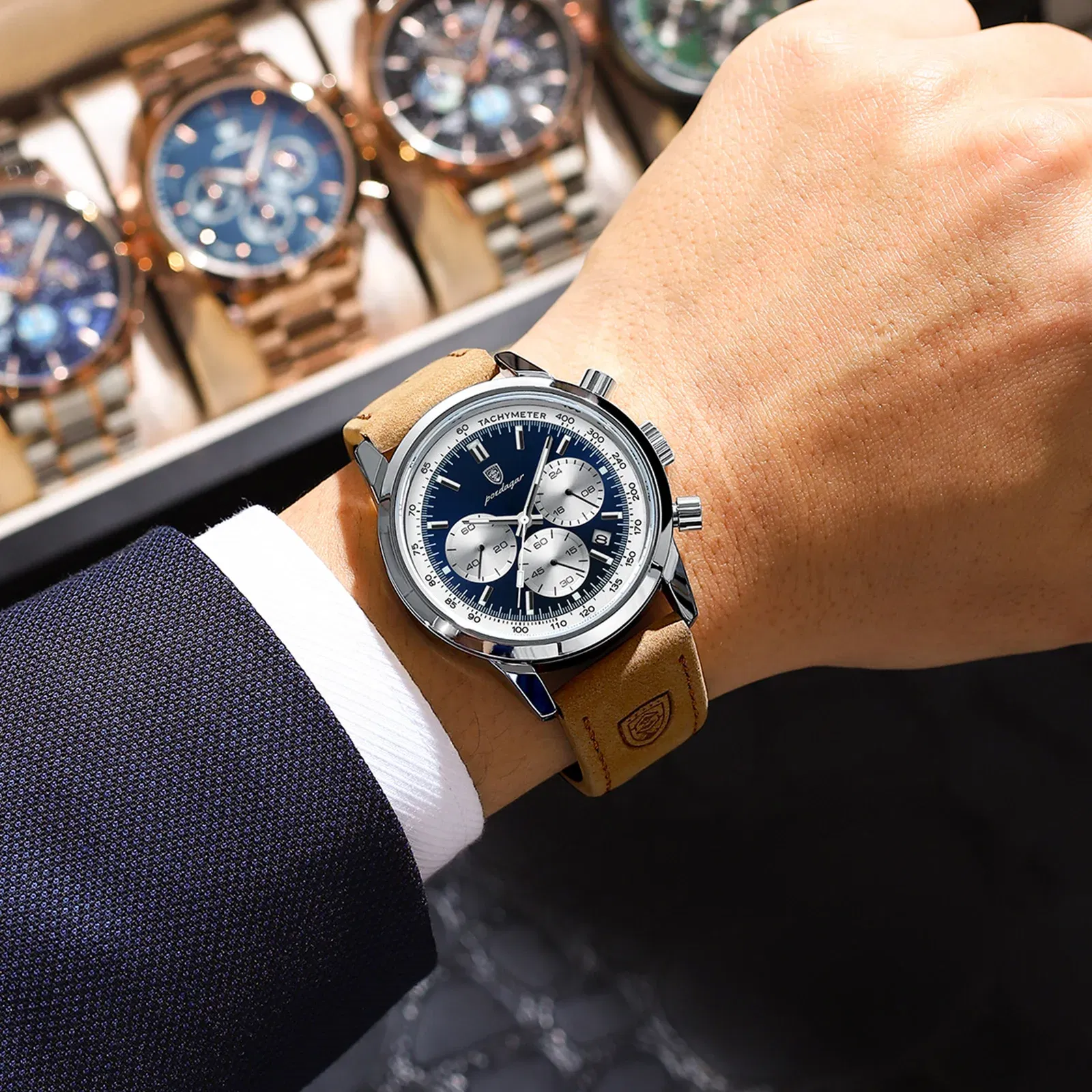 Color: BRONZE - POEDAGAR Top Brand Luxury Man Watch Waterproof Chronograph Luminous Date Wristwatch For Men Quartz Leather Men's Watches Sprots