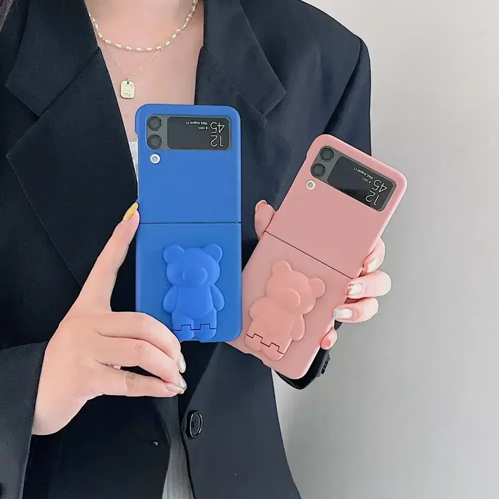 Color: Dark Blue, Material: Canvas - 3D Bear Bracket Kickstand Cute Case For Samsung Galaxy Z Flip 5 4 3 Hard Phone Case For Samsung Z Flip 3 4 Flip5 ZFlip4 Cover