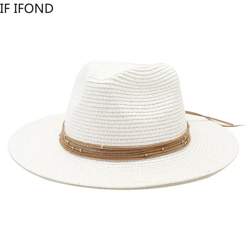 Color: black, Size: M - Big Size 60CM New Straw Hat 7cm Brim Summer Cooling Beach Sun Hat Outdoor Party Panama Jazz Hat Sombreros De Mujer