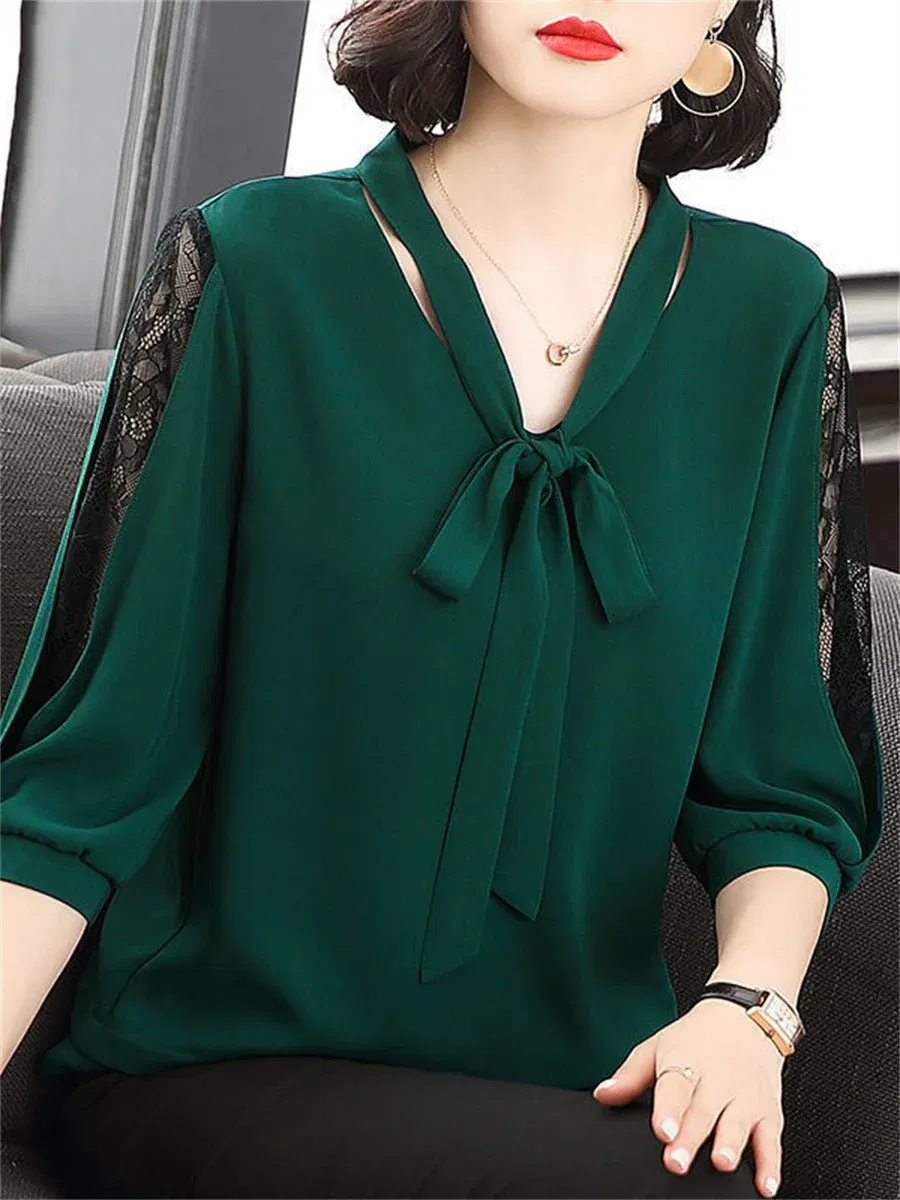 Color: black, Size: XXL - Women Spring Summer Style Blouses Tops Lady Casual Bow Tie Colloar Half Lace Sleeve Loose Blusas Tops DF4275
