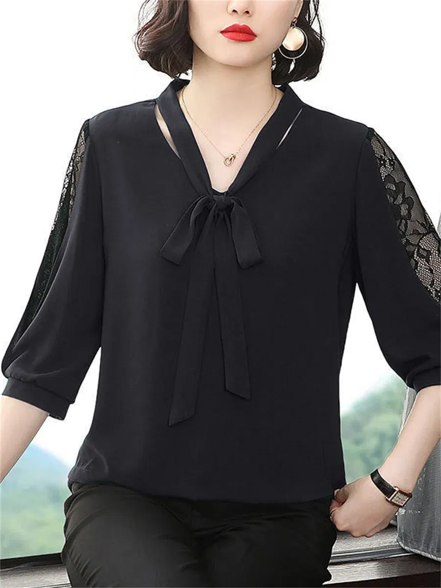 Color: black, Size: XXL - Women Spring Summer Style Blouses Tops Lady Casual Bow Tie Colloar Half Lace Sleeve Loose Blusas Tops DF4275