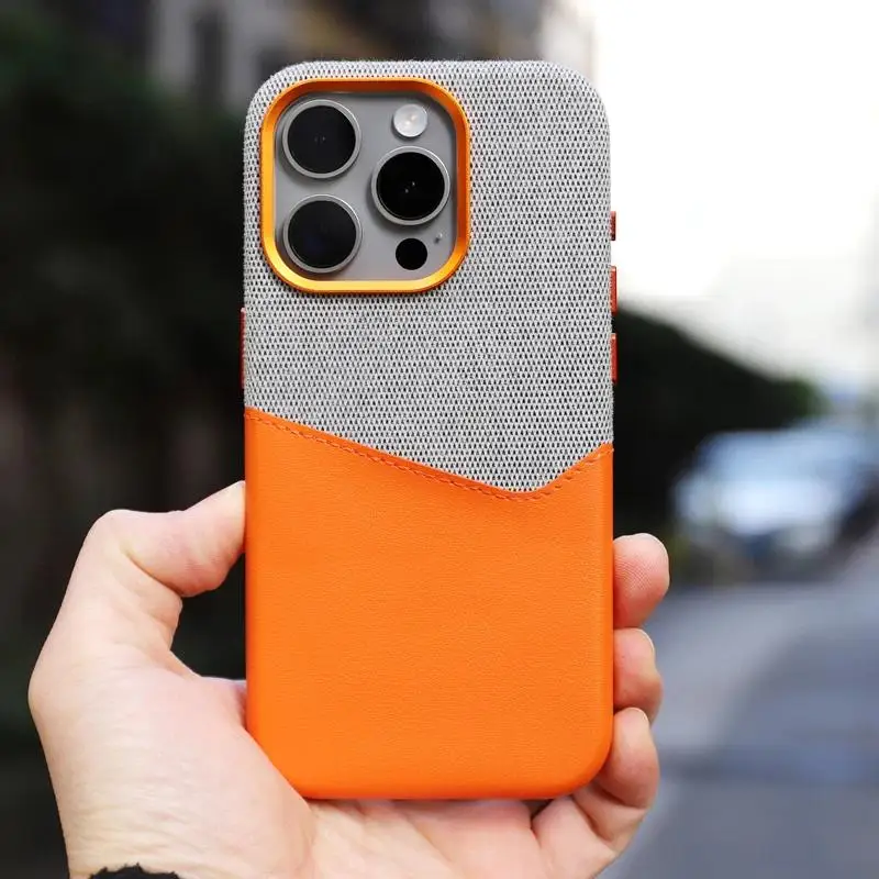 Color: Orange, Material: PE - Card Holder MagSafe Leather Phone Case For iPhone 15 14Pro Max 13 14 Pro 12 Pocket Wireless Charging Alloy Lens Hit Color Cover